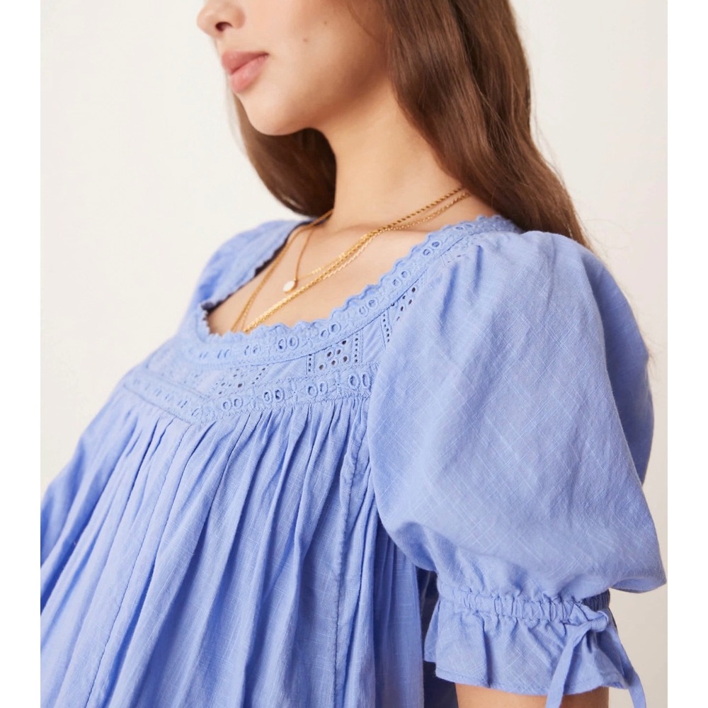 Free People Sandy Shores Mini Dress Blue Eyelet Smocked Tiered Babydoll  L - Picture 2 of 11